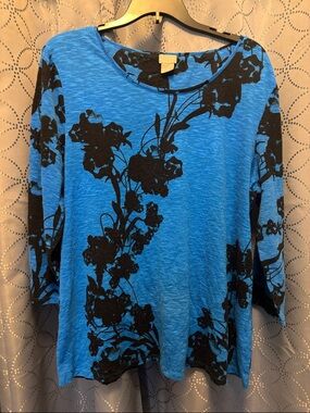 Chico's Bright Blue with Black Floral Long Sleeve Top